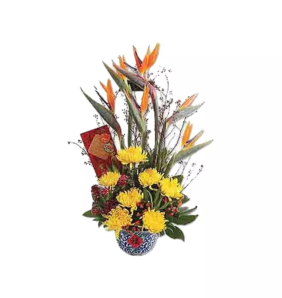 Sweet Selection of Chrysanthemums and Birds of Paradise in Floral Pattern Vase