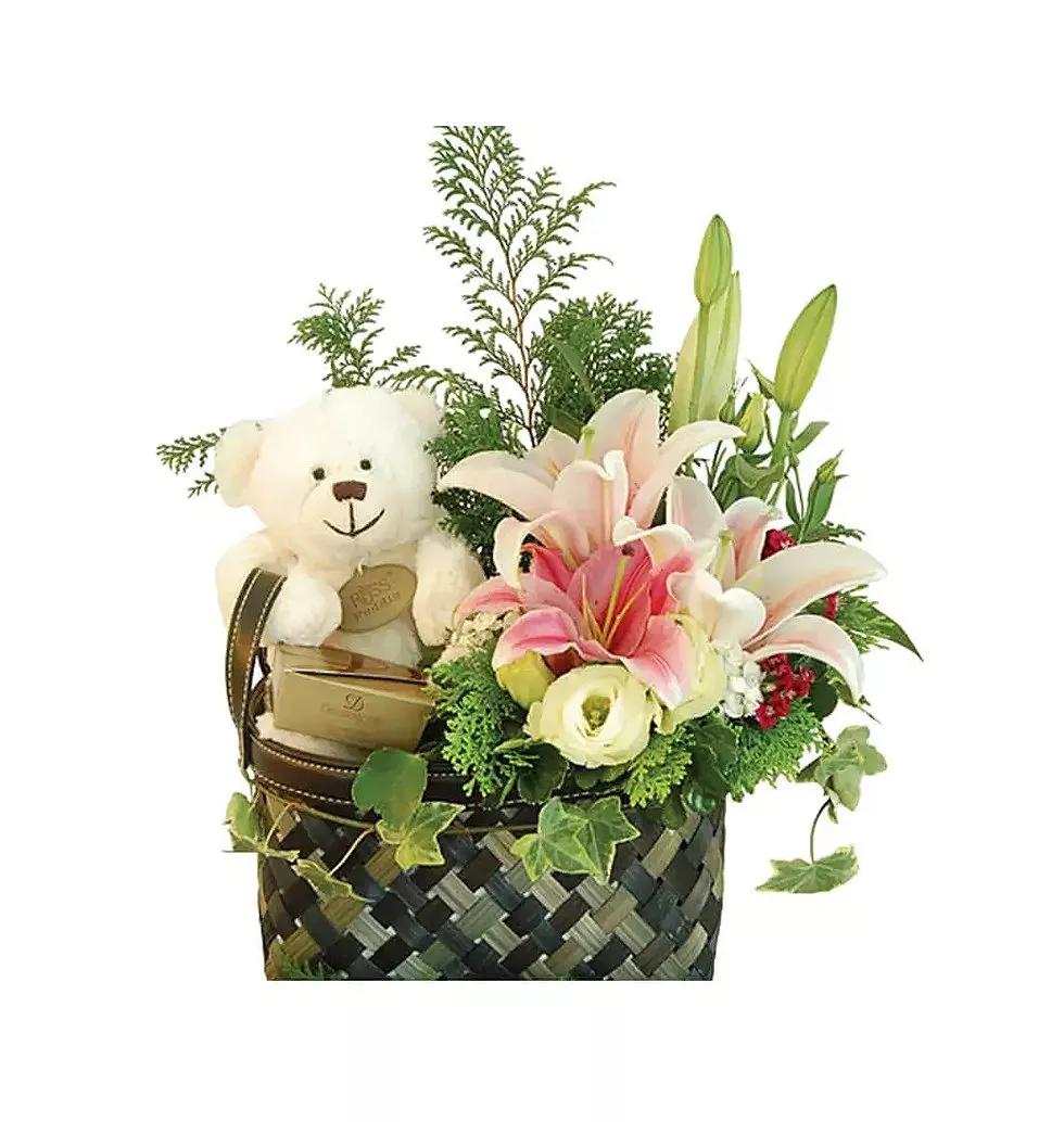 Gift of bear chocolates and flowers